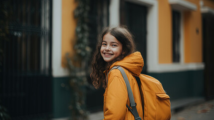 School girl standing outdoors with large backpack, dressed in stylish autumn outfit and looking confident