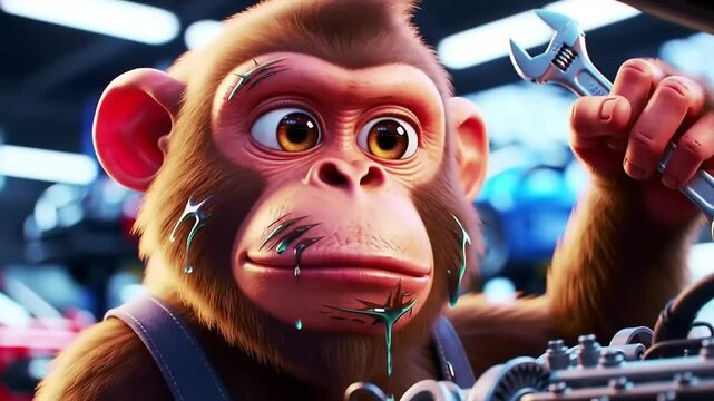 A cartoon monkey mechanic working on a car engine in a vibrant garage filled with tools and vehicles