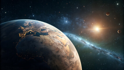 Fototapeta premium Vast cosmic panorama showcasing earth orbiting a distant star amidst a nebula and starfield