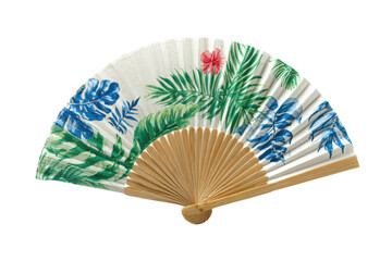 Tropical leaf patterned fan with wooden handle leaves floral, Isolated On Png Transparent Background