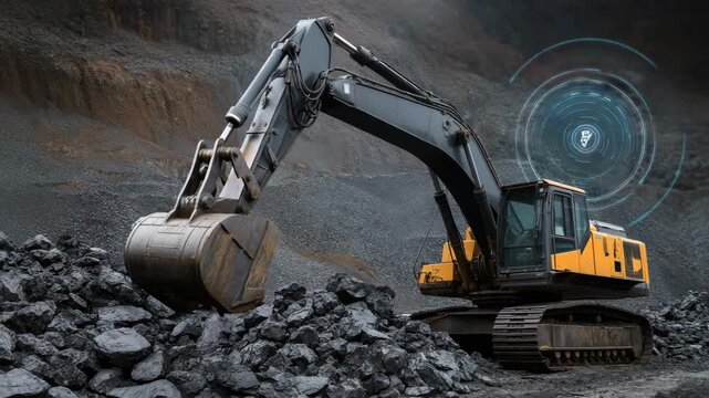 A large construction machine is digging into a pile of rocks. heavy excavator digging dark metallic rocks in an open pit mine, overlay icon of rare earth elements, gritty industrial scene, dark tone