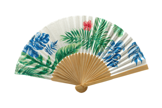 Tropical leaf patterned fan with wooden handle leaves floral, Isolated On Png Transparent Background