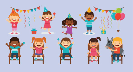 This cheerful illustration depicts a group of diverse children celebrating a birthday with party hats, balloons, and streamers against a light blue background.