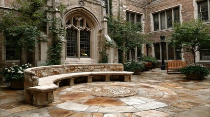 Ornate courtyard with arched windows and stone benches