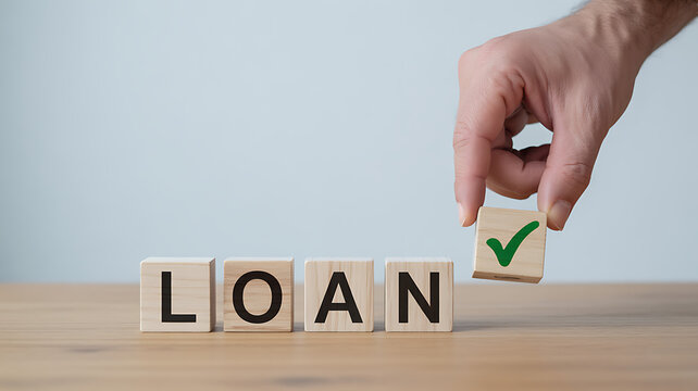 Hand places a checkmark on a wooden block completing the word loan symbolizing loan approval and successful financing