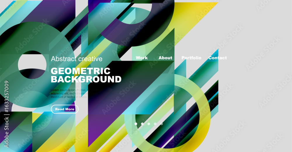 Poster abstract geometric design features vibrant overlapping shapes, text elements, navigation menu. moder