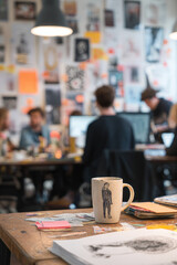 A creative coworking studio with posters, sketches, and coffee mugs everywhere Artists and designers from different countries are reviewing each other’s work