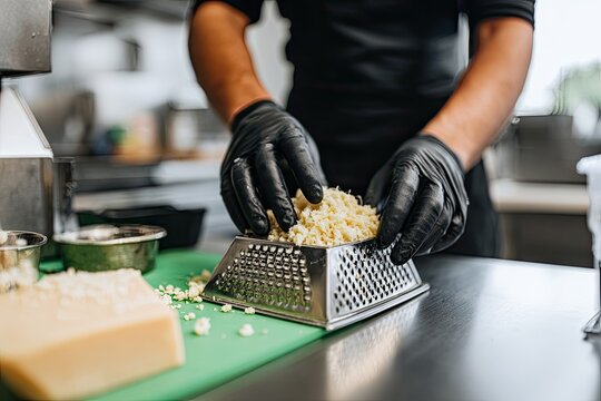 Chef in black gloves grates cheese into a metal box grater