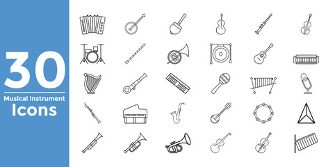 Naklejka premium 30 Musical Instrument Line Icons Set With White Background sound melody