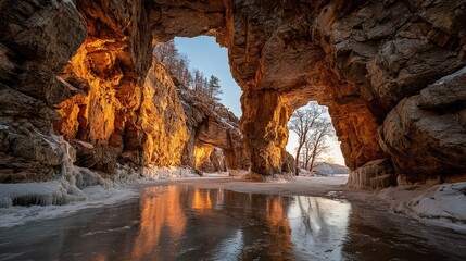Golden sunlight streams through icy cave openings, reflecting on frozen lake