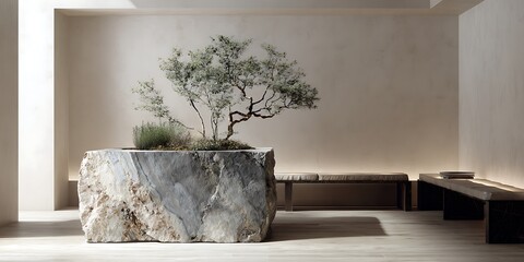 Minimalist Interior with Stone Planter and Tree