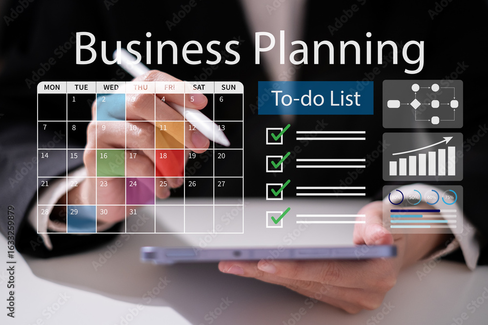 Poster professional entrepreneur businessman working on planning project using chart data analysis workflow