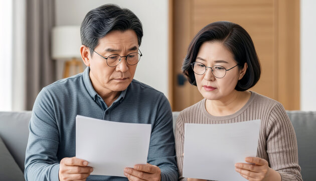 복잡한 서류를 보며 걱정하는 중년 부부, 은퇴후 재정 및 건강 문제