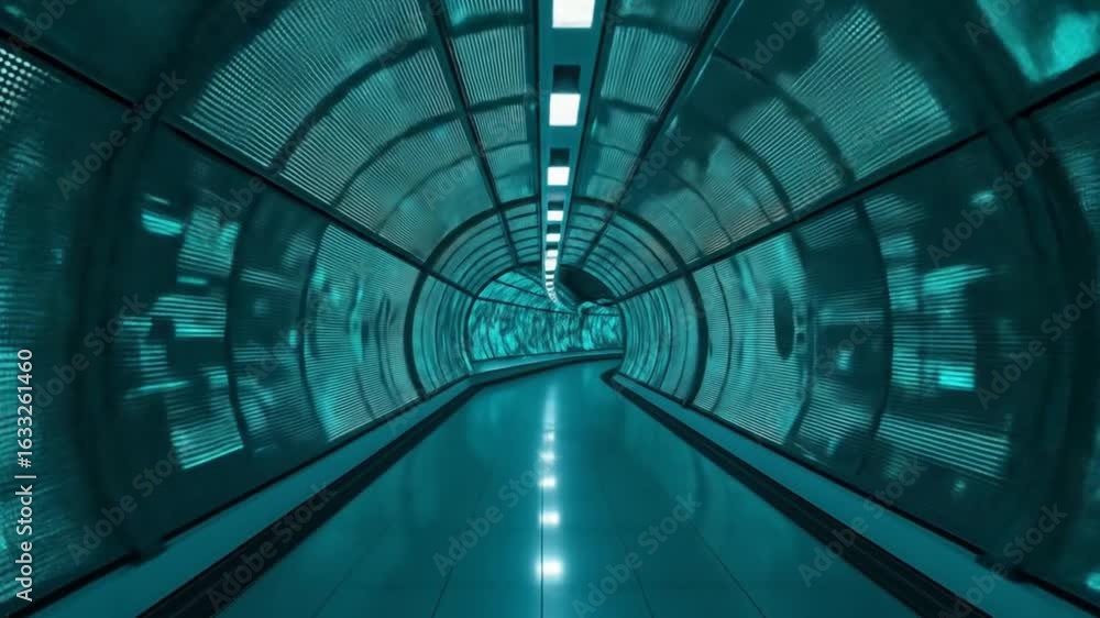 Poster abstract tunnel with teal lighting and dynamic digital displays for visual effects