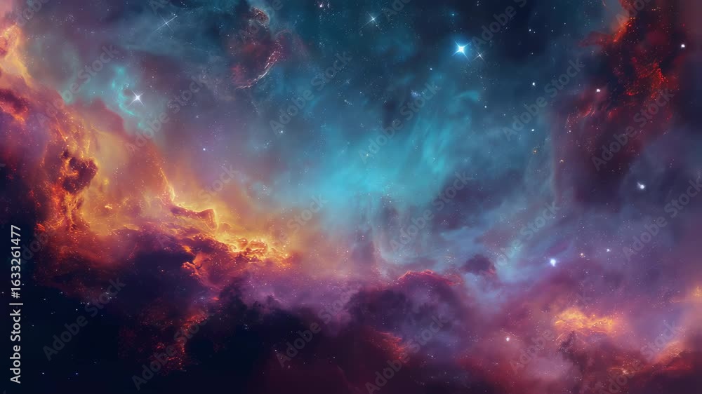 Poster vast cosmic nebula with glowing galaxies in deep space — abstract astronomy background featuring col