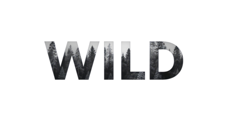 WILD word with forest trees inside letters  isolated, transparent background	

