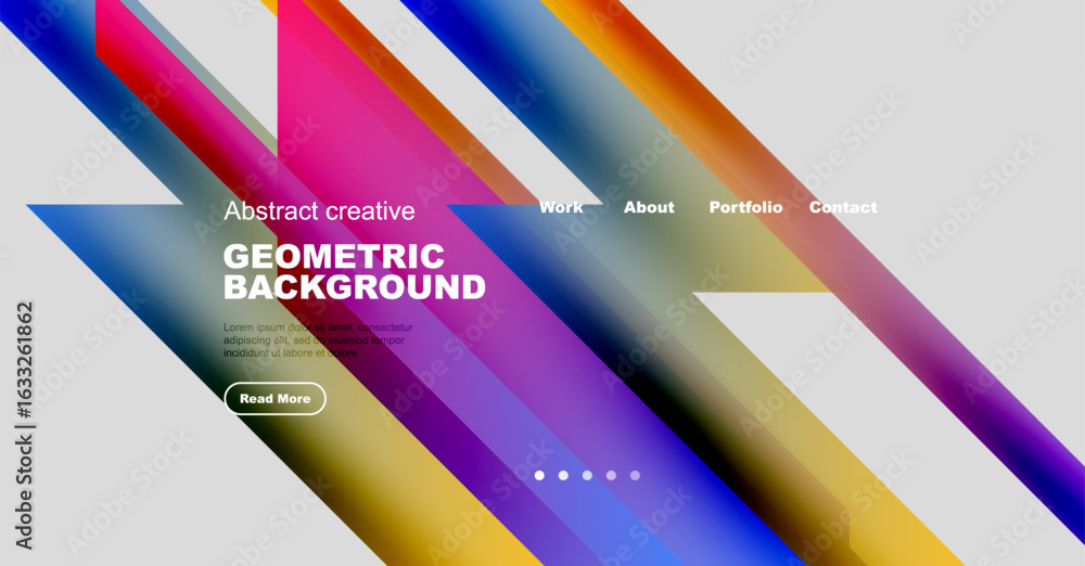 Poster vibrant geometric design. colorful diagonal lines create modern website header. text elements presen