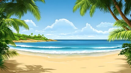 Tropical beach scene with palm trees and a calm ocean.