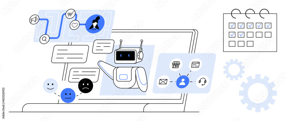 Poster chatbot responding to messages on a laptop screen with workflow charts, user profiles, emoticons, an
