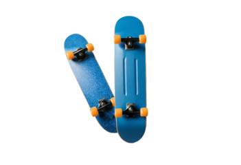 Blue skateboard with orange wheels isolated transparency background