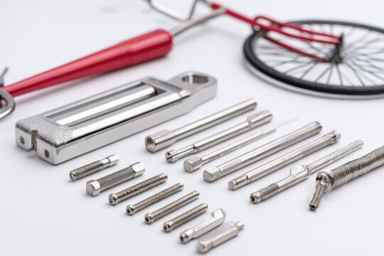A collection of bicycle repair tools arranged neatly on a white background with a bike wheel