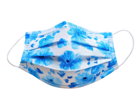 Blue floral patterned face mask with white ear loops protection medical, Isolated On Png Transparent Background
