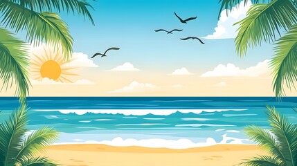 Obraz premium Tropical beach scene with palm trees and ocean waves.