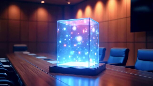 Futuristic conference room featuring a glowing cube with cosmic visuals, enhancing creative discussions