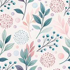 Delicate Watercolor Botanical Pattern Featuring Soft Hues of Teal Pink and Lavender Accented by Budding Berries and Dotted Orbs