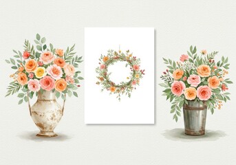 Elegant watercolor floral arrangements featuring roses and a delicate wreath on a light background