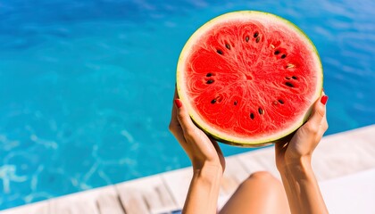 A refreshing watermelon half held by a woman at the poolside
