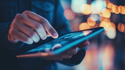 Person using a tablet at night