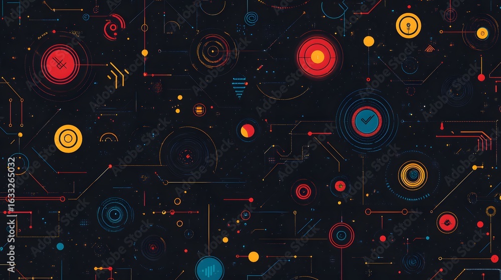 Poster abstract geometric pattern with colorful circles and lines.