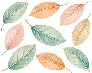 Fototapeta premium Beautiful Watercolor Painted Autumn Leaves in Various Warm and Cool Natural Colors Arranged Randomly on a White Background