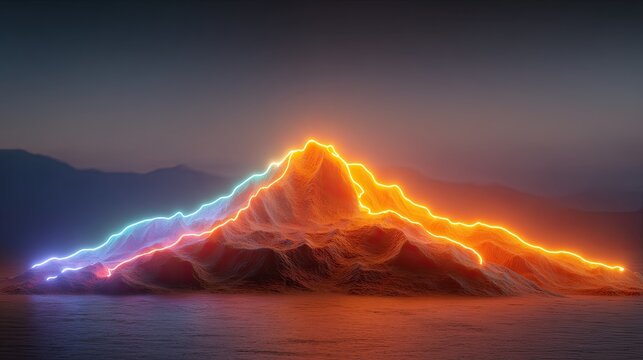 Illuminated mountain peak, neon lines