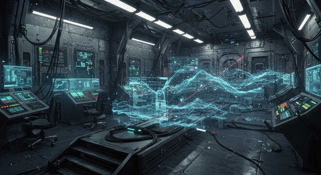 Futuristic control room featuring complex holographic displays and dark technological interior