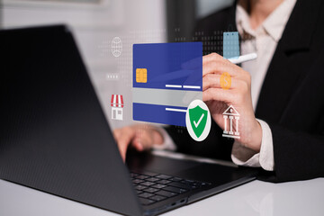 Person using credit card in online digital payment mobile banking money transfer laptop smartphone transaction internet with password security information encryption identity verification protection