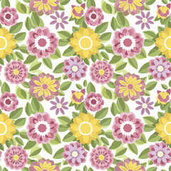 A vibrant floral pattern featuring yellow, pink, and purple blossoms interspersed with green leaves on a white background.