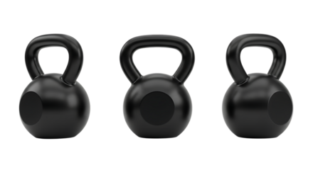 Three black kettlebells arranged in a row isolated on transparent background