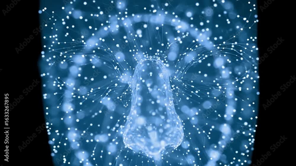 Poster animated digital face scan with glowing particles: technology of future concept