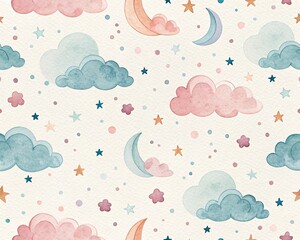 A Whimsical Watercolor Pattern Featuring Soft Pink and Teal Clouds Under a Starry Night Sky with Crescent Moons