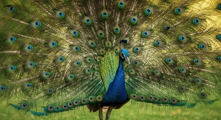 Obraz premium Magnificent peacock displaying iridescent plumage in a breathtaking vibrant display