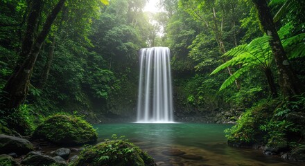 Majestic waterfall flowing into a tranquil pond surrounded by lush tropical vegetation