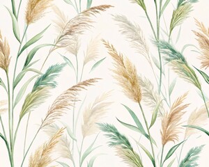 A Delicate Watercolor Painting of Tall Pampas Grass with Soft Plumes and Green Leaves in a Serene Natural Landscape