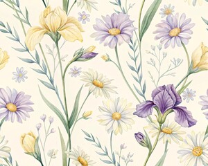A Beautiful Watercolor Painting of a Meadow Filled with Vibrant Spring Flowers Including Irises Daisies and Yellow Tulips