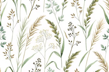 Delicate Watercolor Botanical Pattern Featuring Wispy Meadow Grasses and Wildflowers in Earthy Tones