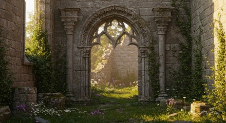 Fototapeta premium Serene portal through forgotten gothic ruins surrounded by verdant wild growth