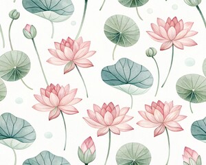 Delicate Watercolor Lotus Flowers and Lily Pads Seamless Pattern for Beautiful Botanical Designs and Nature Inspired Projects