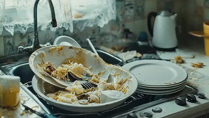 Messy kitchen sink with dirty dishes and food scraps.
