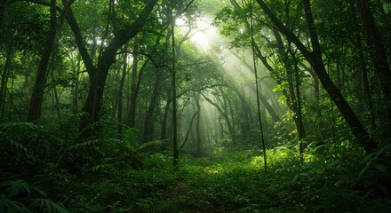 Obraz premium Sunbeams filtering through canopy of dense, flourishing tropical rainforest
